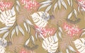 Pattern seamless of tropical leaves, flowers camouflage pink milk military colors on beige background.